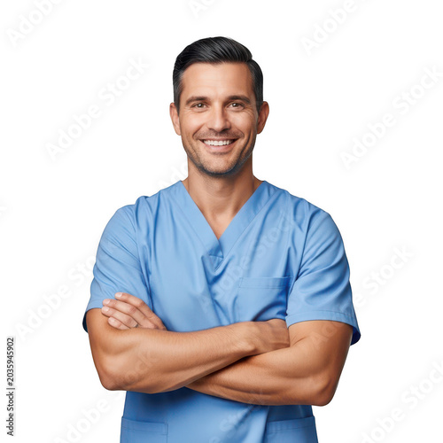 Smiling doctor with arms crossed in blue scrubs isolated on transparent background