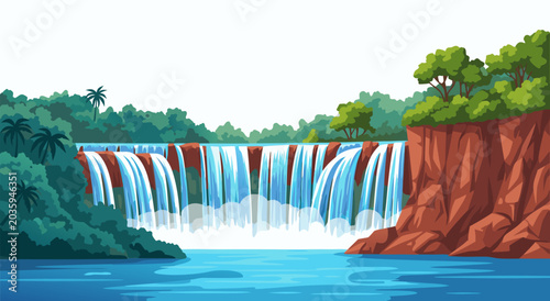 Φωτογραφία Beautiful Waterfall Vector Illustration in a Lush Green Tropical Jungle with Blu