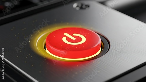Red glowing power button on a brushed metal surface