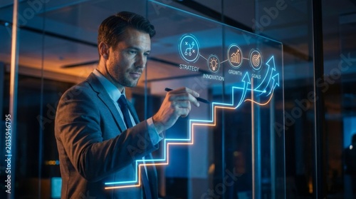 Business Professional Analyzing Data with Transparent Graph Visuals