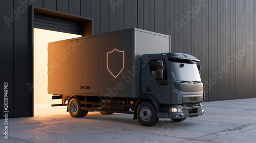 Modern Cargo Truck Leaving Industrial Dock with Security Shield Symbol