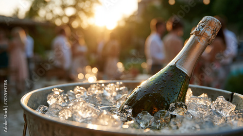 Chilled Champagne Bottle Resting in Ice Bucket for Elegant Garden Party