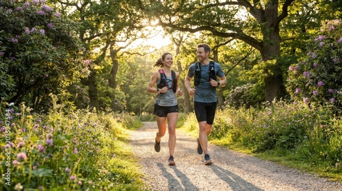 Happy Couple Jogging Together in Nature Pathway at Sunset