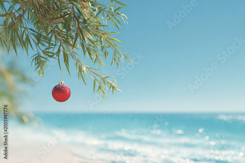 Tropical Christmas Holiday Greeting, Serene Beach Christmas Ornament Hanging on Palm Tree, Festive Summer Celebration