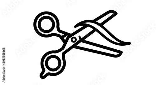 Foto Stylized illustration of open scissors cutting a curved line.