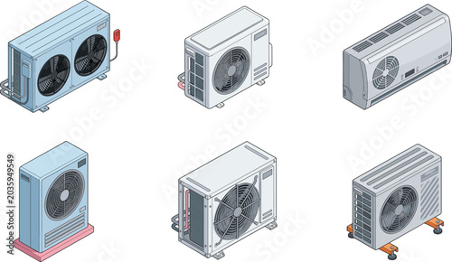 Foto Vector set of isometric air conditioner outdoor units and split system compresso