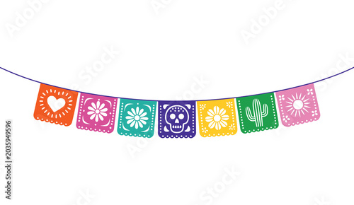 Mexican Garland Icon Vector Collection Featuring Traditional Party Decorations on White Background for Celebration Designs Vector Designs