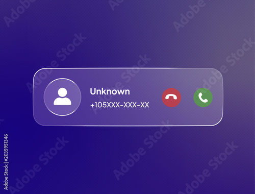 Incoming call appearing on a glassmorphism interface, displaying an unknown contact and scam phone number with options to accept or decline, digital communication concept