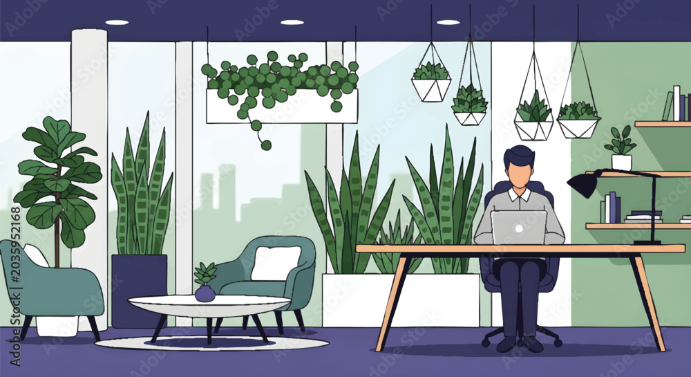 Fototapeta premium Modern Office Interior with Green Plants and Natural Light, Concept for Workspace Design, Corporate Wellness and Remote Work Solutions