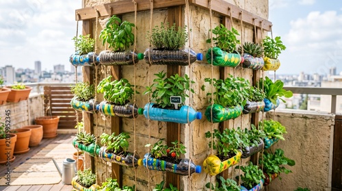 Vertical garden made from recycled plastic bottles, growing herbs and plants on a balcony