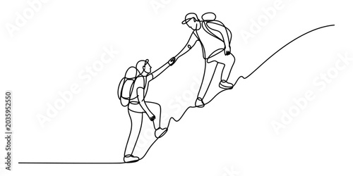 Foto Continuous single line drawing of two hikers helping each other to climb a steep