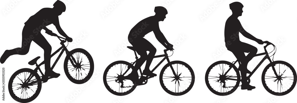 Naklejka premium Set of black silhouettes of male cyclists riding bicycles and performing stunts isolated on a white background