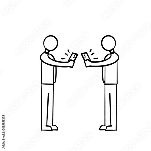 Black and white hand-drawn illustration of a person standing while using a smartphone, modern digital lifestyle concept