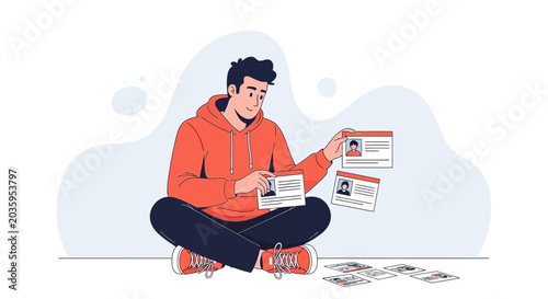 Young Man Reviewing ID Cards, Profile Selection, Recruitment Concept