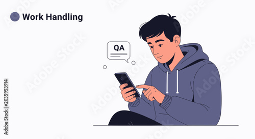 Young man using smartphone for work handling and QA, flat illustration