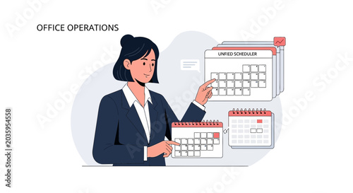 Woman managing schedule with calendars, office operations concept