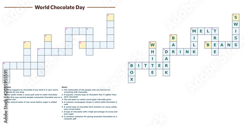 World Chocolate Day vocabulary crossword game layout with clues and answers  