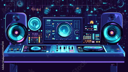 Vibrant neon-lit DJ setup featuring turntables, speakers, and mixer