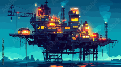 Illustration of an offshore oil platform operating at night, illuminated
