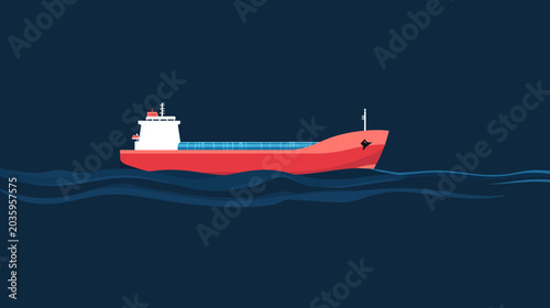 Illustration of a red cargo ship sailing on deep blue ocean