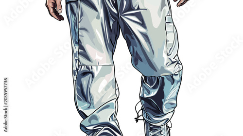Close-up of person wearing shiny, baggy, light-colored pants