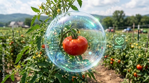 Fresh organic tomato on a vine protected by a protective bubble symbolizing agriculture technology