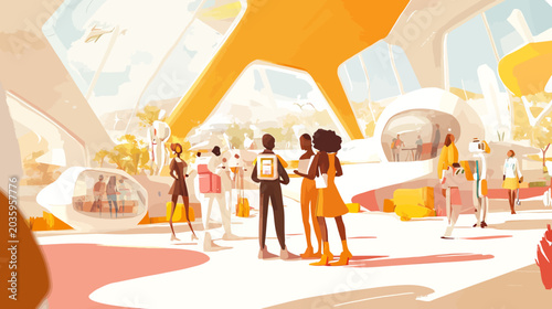 Vibrant futuristic airport terminal with travelers and unique architecture