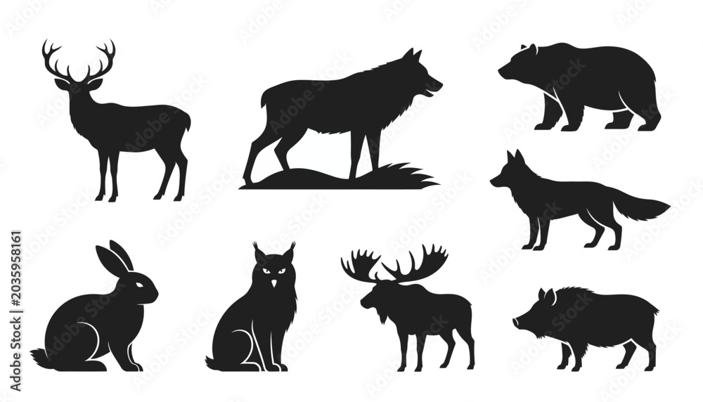 Fototapeta premium Forest Wild Animal Silhouette Vector Illustration Set Collection