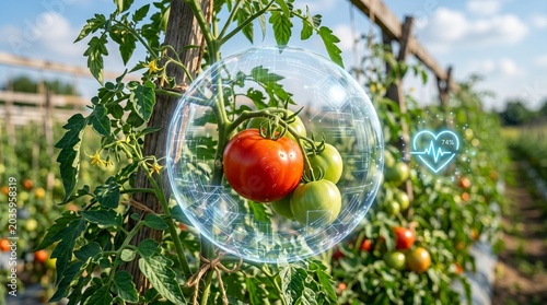 Future of Agriculture Healthy Tomato Plants Monitored by Innovative Smart Farming Technology with a Glowing Digital Interface in a Sustainable Outdoor Garden