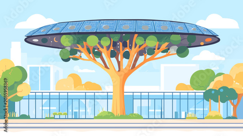 Modern urban park with a large tree topped by a futuristic glass structure
