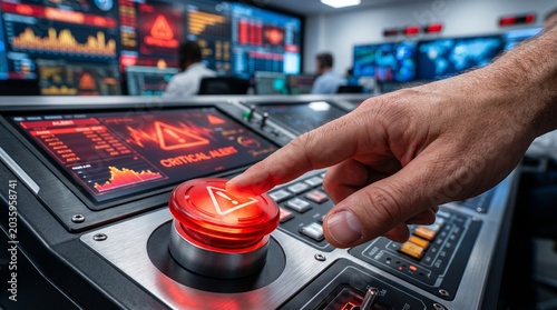 Crucial moment in a high-stakes control center a person's hand reaches for a glowing red emergency button, signaling a critical alert amidst complex data displays and monitors