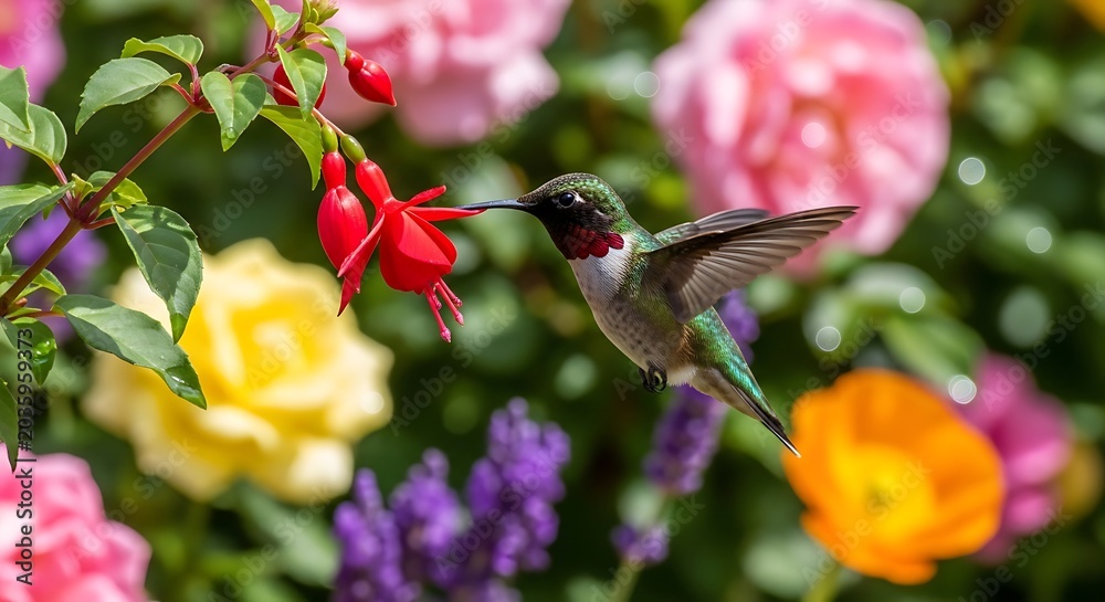 Fototapeta premium Hummingbird feeding from red flower.