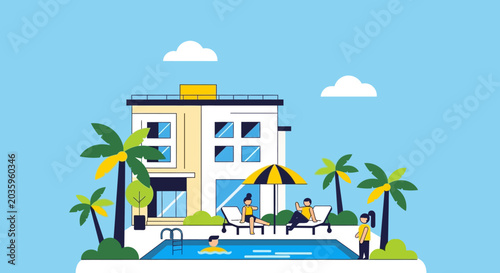 Φωτογραφία People Relaxing at Modern Villa Swimming Pool Summer Vacation