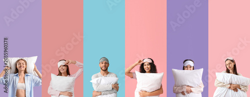 Collection of young people with soft pillows on color background