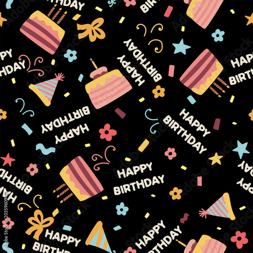 Birthday pattern with various sweet cakes and flowers with the text happy birthday.