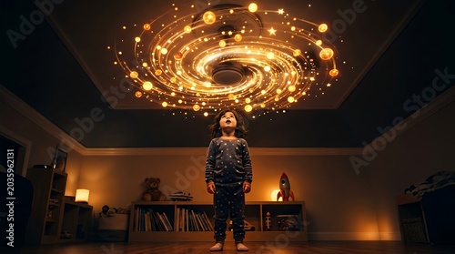 Little girl looking up at a magical glowing galaxy in her bedroom