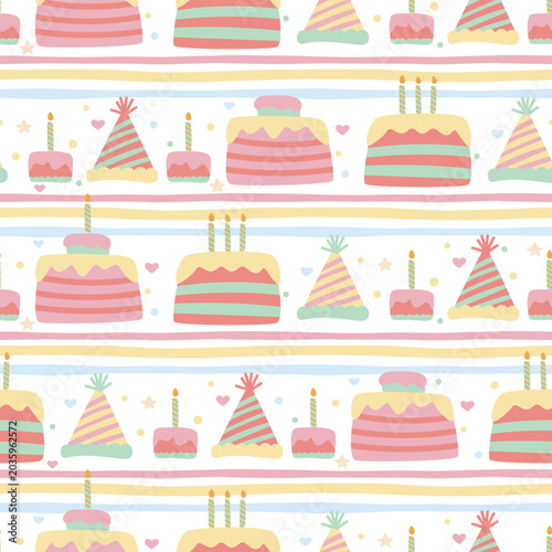 Festive seamless pattern of birthday celebration elements including cakes with candles and party hats