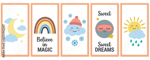 Cuadro en lienzo Cute nursery art with moon rainbow cloud sun and sweet dreams quotes