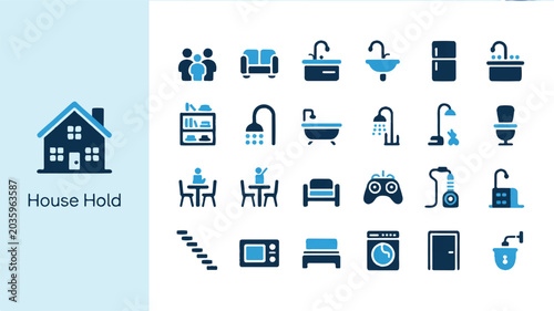 A set of minimalist cleaning and household icons including various bathroom and kitchen elements