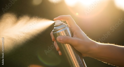 Hand holding silver spray can outdoors.