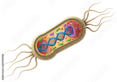 Scientific 3d illustration of a colorful rod-shaped bacterium with flagella isolated on transparent background