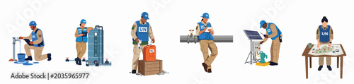 Bild auf Leinwand Flat vector illustration showing UN workers engaged in humanitarian field operations like water management, infrastructure maintenance, energy supply, logistics, and mission planning