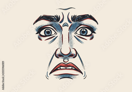 Принти на полотні Distressed Face Illustration with Intense Eyes and Wrinkled Nose.