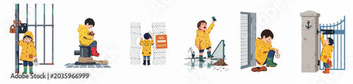 Schilderij op canvas Emotional illustrations of a lost boy in a yellow raincoat, searching for family near gates, harbors, and fences, depicting sadness and displacement