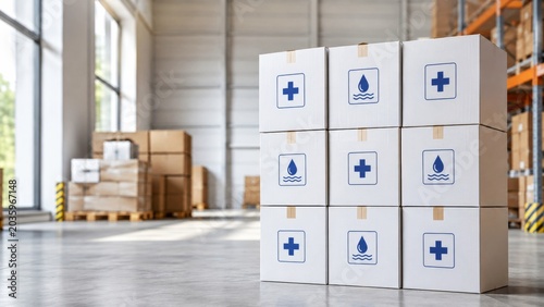 A stack of medical supply boxes in a warehouse, featuring labels with symbols for water and health, set against a backdrop of storage shelves.
