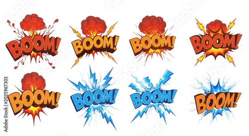 collection of stylized comic book explosions fiery and electric dynamic visual effects and design purposes