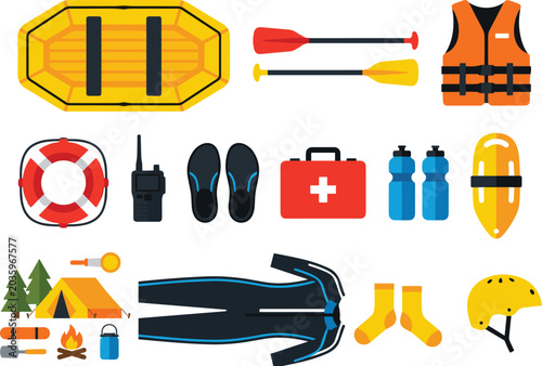 Foto Water rafting and outdoor survival equipment icon set with inflatable boat life