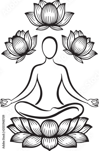 Meditation woman sitting on lotus flower with lotus flowers above