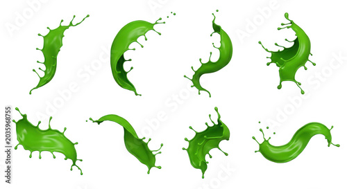 collection of vibrant green paint splash shapes dynamically posed against a clean white backdrop artistic or creative design use