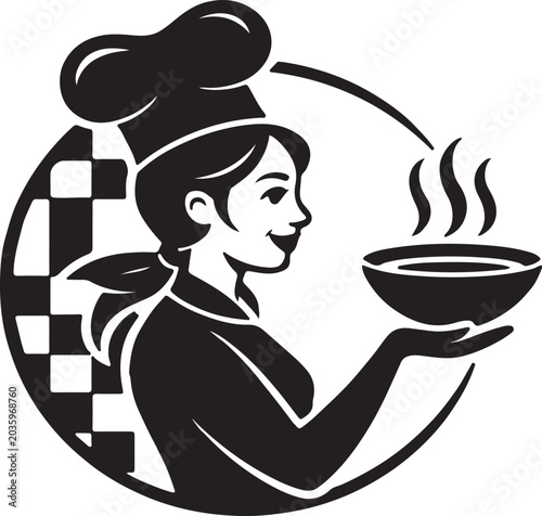 Chef holding steaming bowl with happy expression